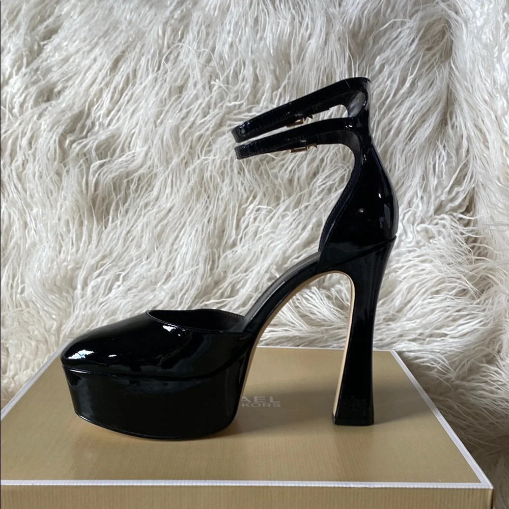 Michael Kors Martina Ankle Strap Patent Leather Platform Heels, Black - Size 9